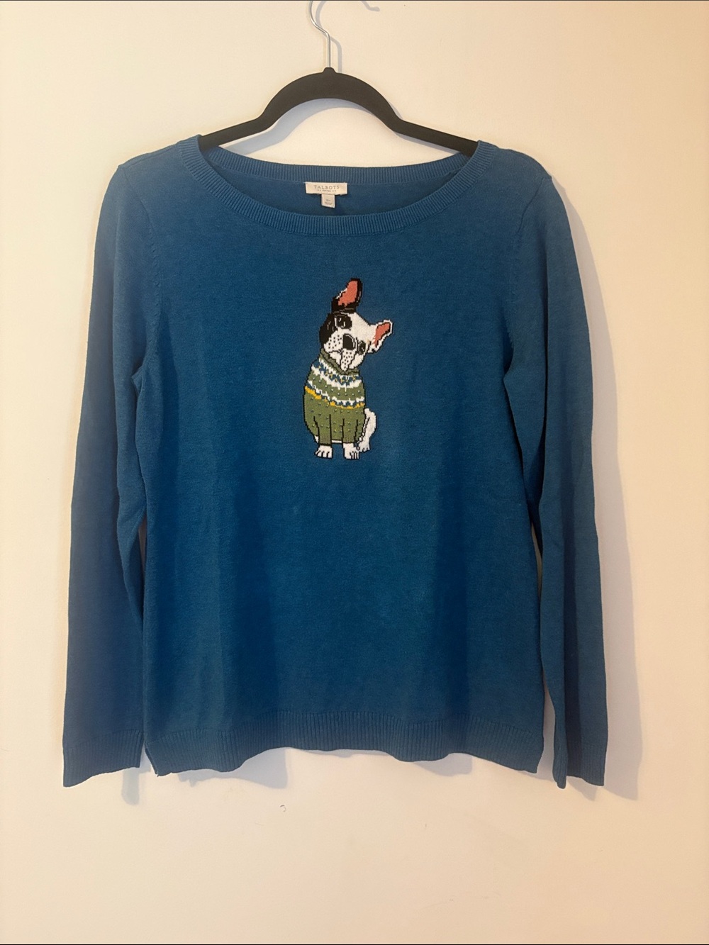 Talbots Teal Crewneck Sweater with Dog Intarsia